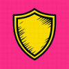Vector icon of a shield with thick black outlines and acid yellow fill, comic-book style