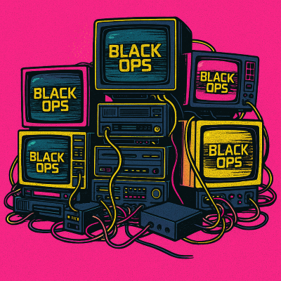 Vector illustration of a pile of retro electronic devices: CRT monitors, VHS players, tangled neon cables, comic-book style, thick outlines