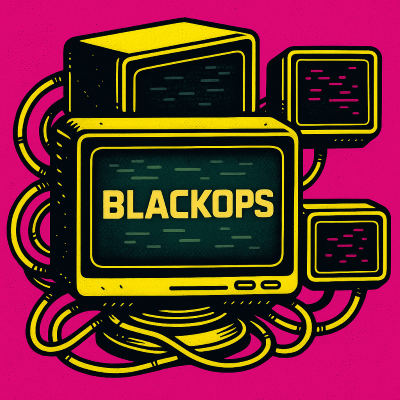 Vector illustration of a cluster of retro CRT monitors, thick black outlines, connected by neon yellow and pink cables, with glitch static and comic-book style details