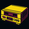 Vector drawing of a retro VHS player with thick outlines and neon accents