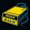 Vector illustration of a 1990s dial-up modem with comic-book style lines and neon blue highlights