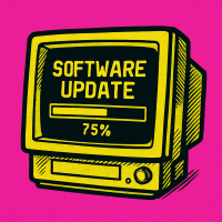 Vector illustration of a CRT monitor displaying a software update progress bar, acid yellow highlights, thick black outlines