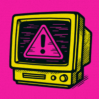 Vector illustration of a neon pink warning triangle on a CRT screen, glitch lines, thick black outlines