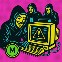 Vector illustration of a group of masked figures at CRT monitors, neon blue and acid yellow accents, comic-book style