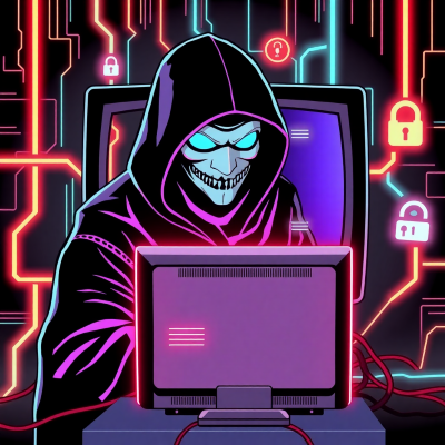 Vector illustration of a masked figure at a CRT monitor, surrounded by neon cables, glitch lines, and comic-book style security icons